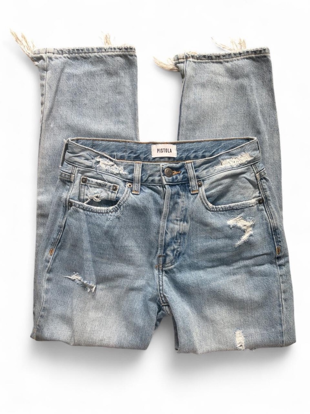 Pistola High-Rise Distressed Straight Leg Jeans - Light Wash Size 26
